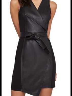 Cute stretchy faux black leather mini dress w tie, zip back, unworn, nwt sz xxs